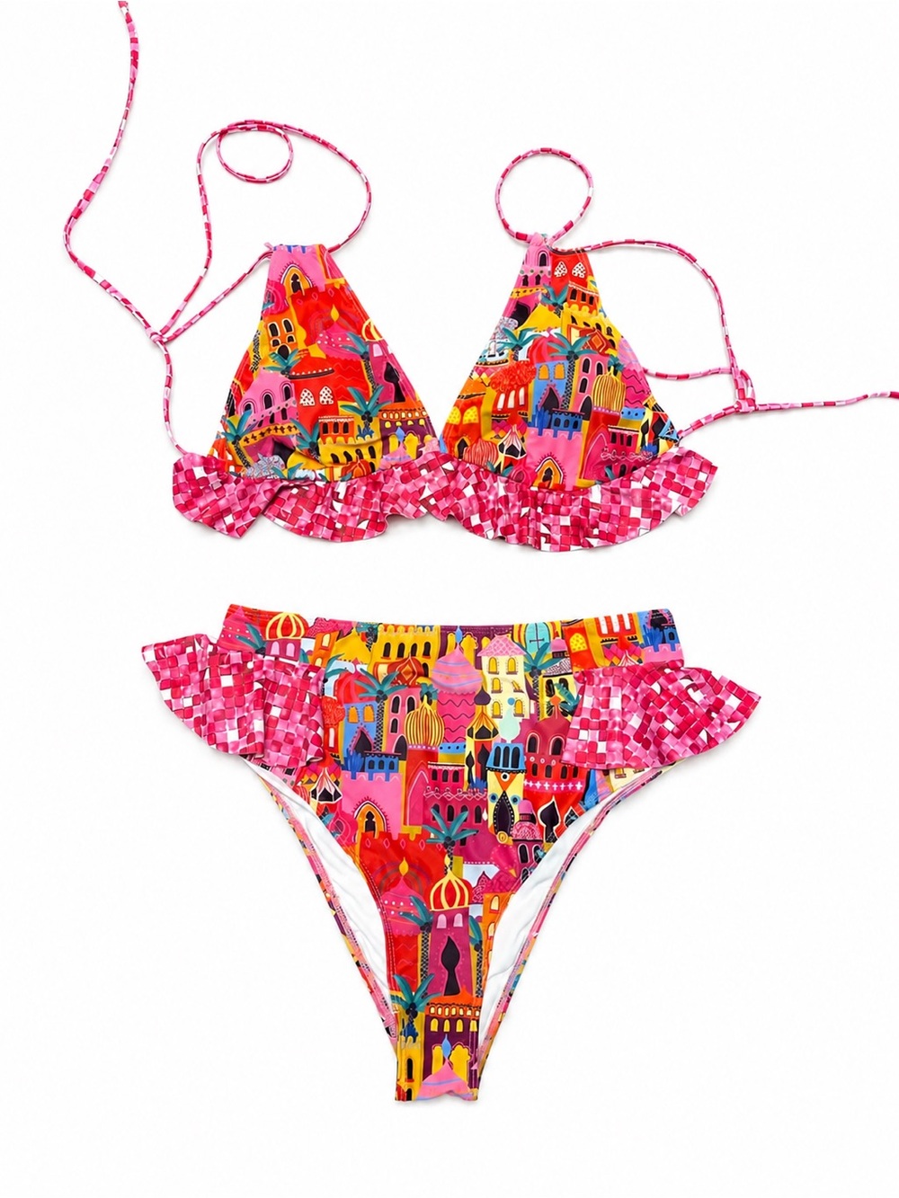 Vibrant Pink Mosaic Ruffle Triangle Bikini Set